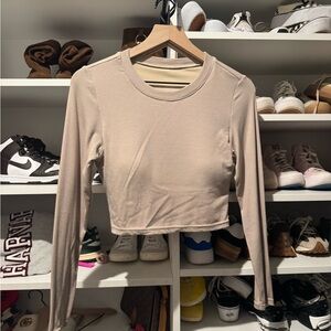 Klassy Network Beige Long-Sleeve Cropped Crewneck Top